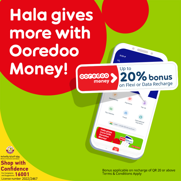 Hala gives you up to 20% bonus on recharges promotion with Ooredoo Money