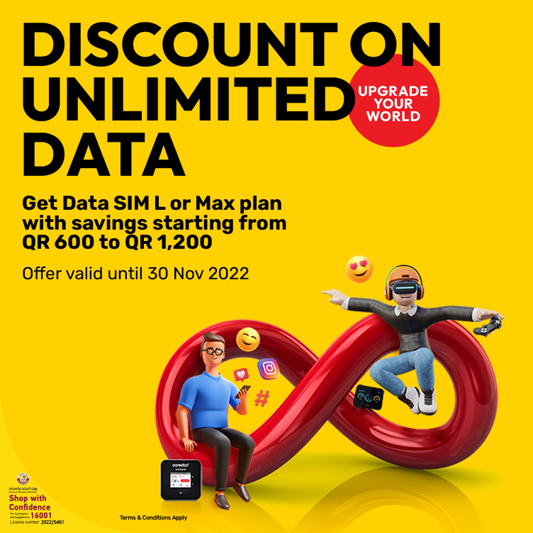 Subscribe online to save up to 1200 QR and to get Double Data on all Data SIM plans from Ooredoo