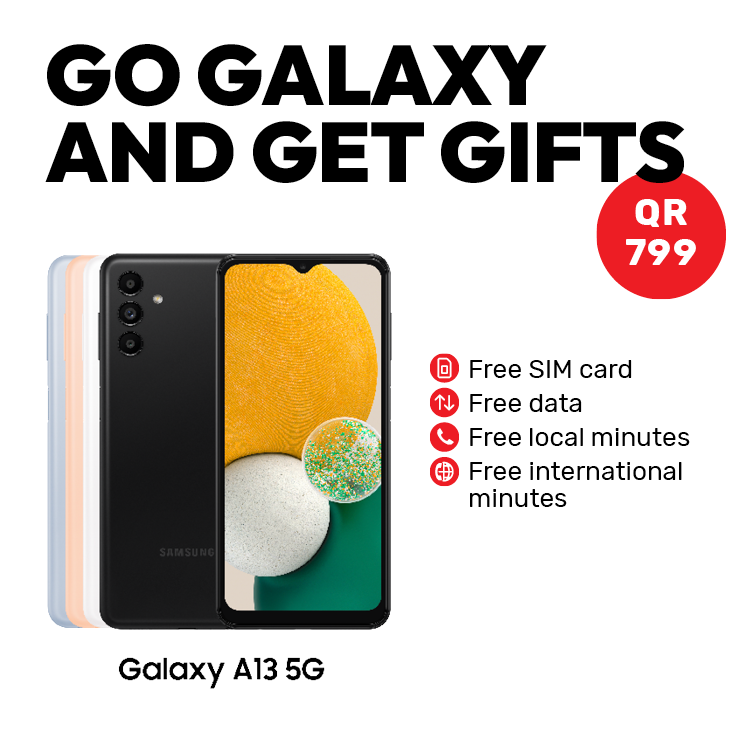 Get galaxy a13 with a free SIM, free data, free local minutes, and free international minutes as gifts from Ooredoo