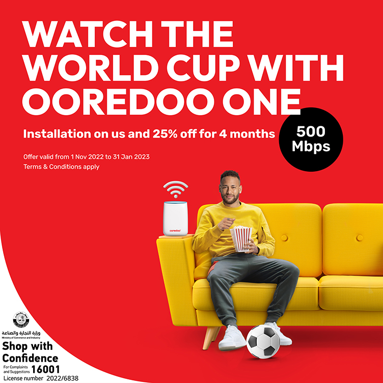 Watch the World Cup with Ooredoo ONE, installation on us and 25% off for 4 months from Ooredoo home internet