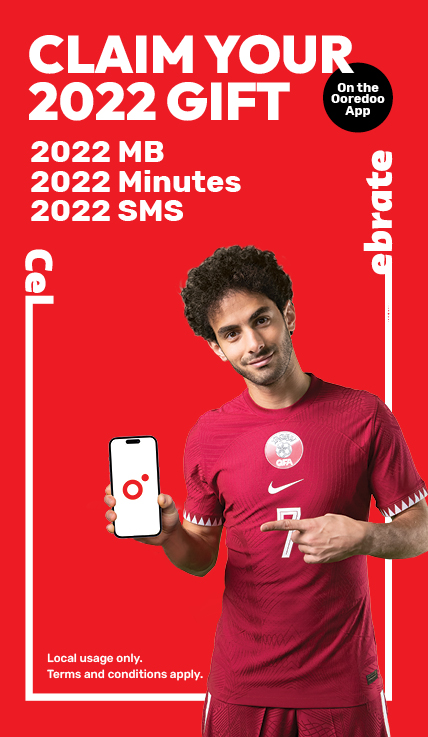 Claim your 2022 gift, including 2022 MB local data, 2022 local minutes, and 2022 local SMS from the Ooredoo App for FIFA World Cup Qatar 2022™
