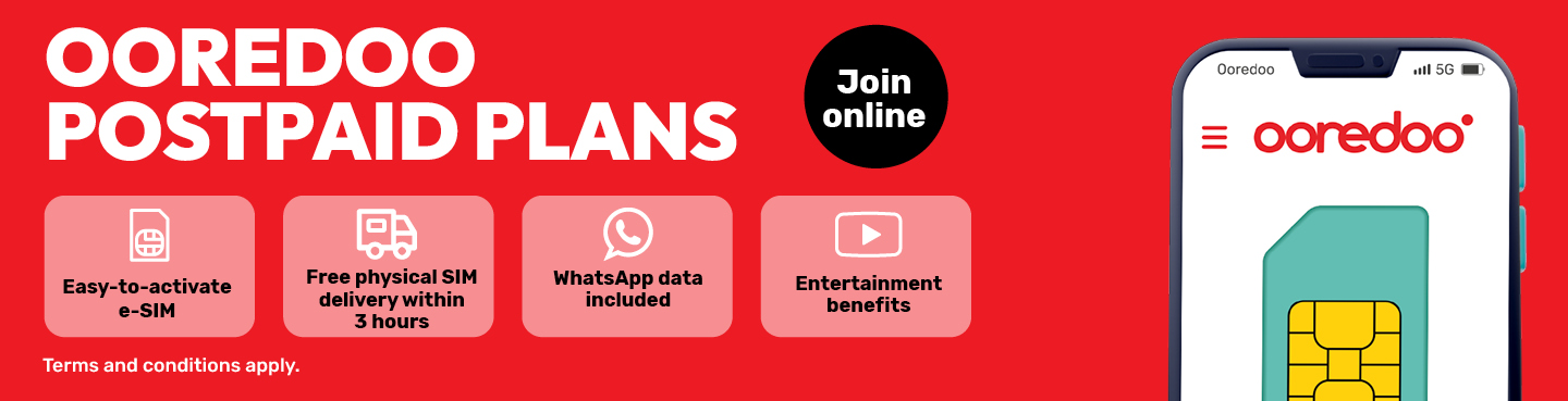 Join online and get easy to activate e-sim, free physical sim delivery, whatsapp included, and entertainment benefits from Ooredoo postpaid plans