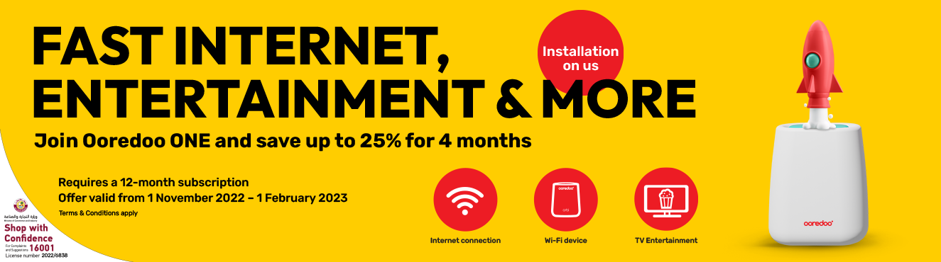 Join Ooredoo ONE and save 25% for 4 months and get fast internet, entertainment and more from Ooredoo home internet 