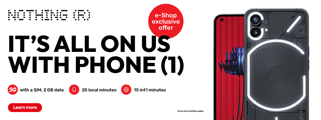 Get the Nothing phone 1 with a 5G SIM, 2 GB Data, 25 local minutes, and 15 international minutes from Ooredoo eshop