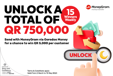 Unlock a total of QR 750,000 when you send with MoneyGram via Ooredoo Money from Ooredoo this Ramadan 2023