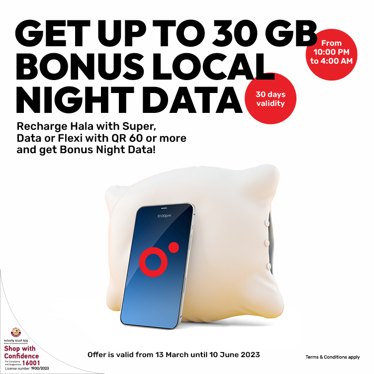 Get up to 30 GB Bonus night data with Hala prepaid recharge from Ooredoo