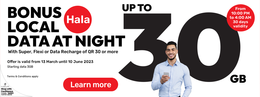 Get up to 30 GB Bonus night data with Hala prepaid recharge from Ooredoo