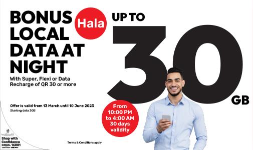 Get up to 30 GB Bonus night data with Hala prepaid recharge from Ooredoo