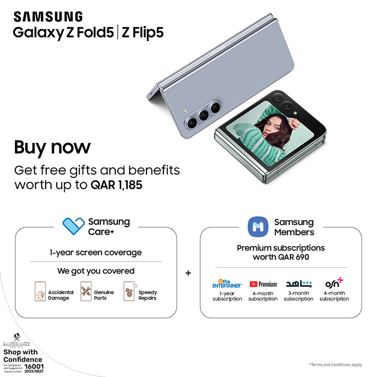 Buy Samsung Galaxy Z Fold5 and Z Flip5 and get free benefits worth up to QAR 1,185 from Ooredoo eshop