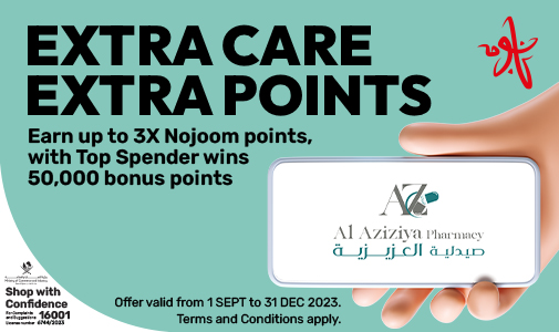 Earn up to 3X Nojoom points with AL Aziziya Pharmacy from Ooredoo