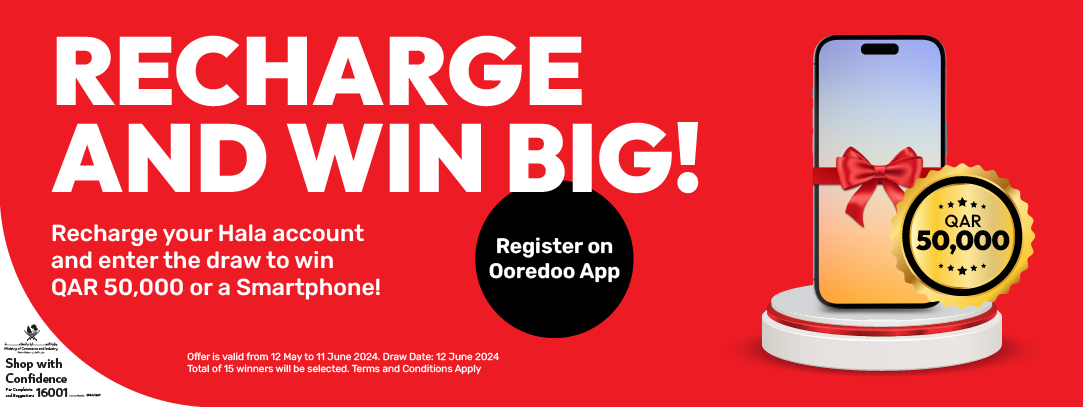 Recharge for a chance to WIN QR50,000 in cash or an Apple iPhone 15 Pro.